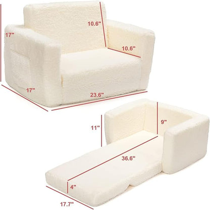 ALIMORDEN 2-in-1 Flip Out Cuddly Sherpa Kids Couch, Convertible Sofa to Lounger, Cream