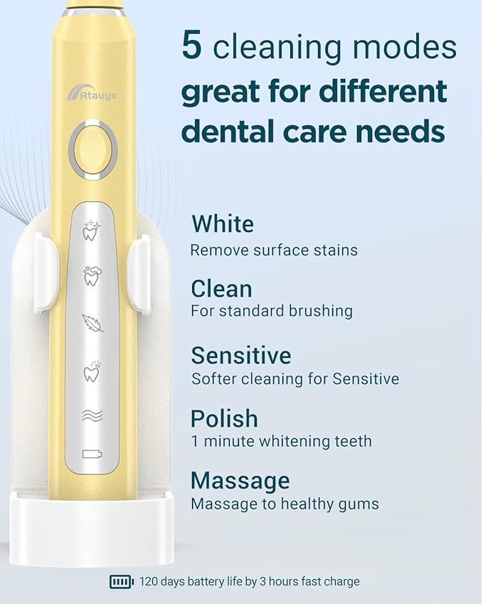 Rtauys M5 Sonic Electric Toothbrush for Adults and Kids - Rechargeable Electric Toothbrush Kids Ages 12+ and Adults with 8 Brush Heads & Travel Case, 120 Days Battery Life - Yellow
