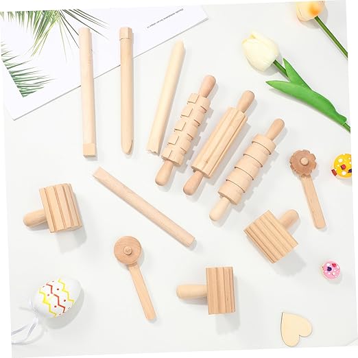 Garneck 12Pcs Clay Sculpting Tools Set Wooden Plasticine Molding Tools with Rolling Pins Stamps Modeling Accessories for Kids DIY Pottery and Handcrafts
