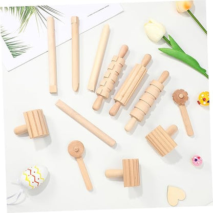 Garneck 12Pcs Clay Sculpting Tools Set Wooden Plasticine Molding Tools with Rolling Pins Stamps Modeling Accessories for Kids DIY Pottery and Handcrafts