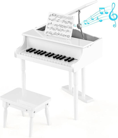 GLACER Classical Kids Piano, 30 Keys Wood Toy Grand Piano w/Bench Music Stand Full-Size Keys, Charming Tones & Sounds, Musical Instrument Educational Toy for Girls and Boys (3 Straight Leg-White)