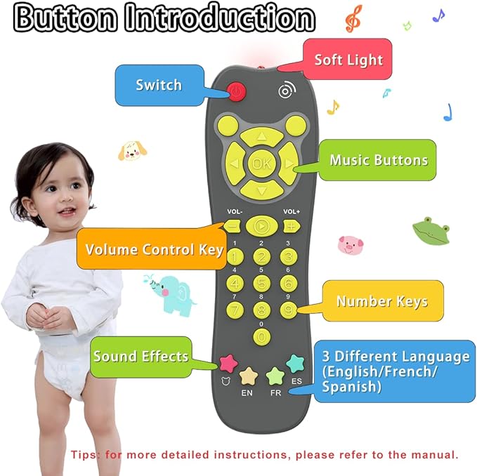 Baby Remote Toy, Toddlers TV Remote Control Toy Kids Realistic Play Remote Early Educational Baby Musical Toys with Light and Sound English French Spanish for Proshool Boys Girls 6 Month+, Gray