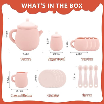 MCGMITT Silicone Tea Set, Tea Party Set for Little Girls Boys, 15 Pcs BPA Free Dishwasher Safe Pretend Tea Set for Toddlers Kids Age 3-6, Cute Toy Kitchen Accessories for Children Birthday Gifts