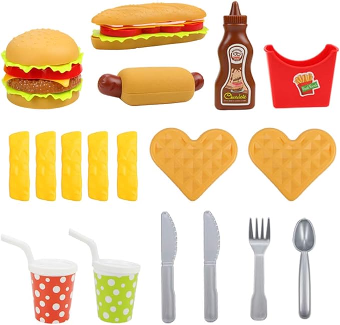 Pretend Play Fast Food Set, Play Food for Kids Kitchen - Play Kitchen Accessories - Toy Foods with Play Burger and Hot Dog Plastic Food for Pretend Play, Kids Toddler Childrens Birthday Gifts