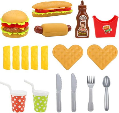 Pretend Play Fast Food Set, Play Food for Kids Kitchen - Play Kitchen Accessories - Toy Foods with Play Burger and Hot Dog Plastic Food for Pretend Play, Kids Toddler Childrens Birthday Gifts