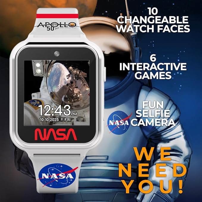 NASA Kids Interactive Smart Watch with Educational Features, Step Counter, Voice Recorder, Camera, Games, Alarm, Timer, Stopwatch, Touchscreen Display, and Fun NASA Themes for Learning and Play