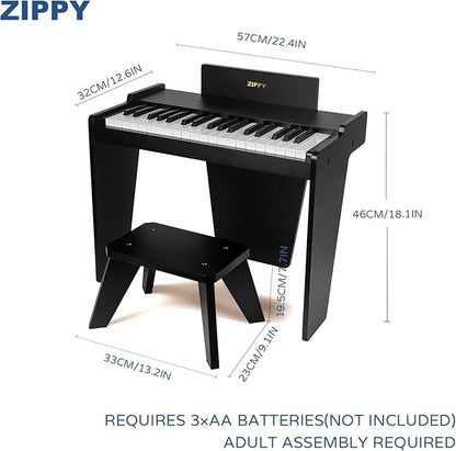 ZIPPY Kids Piano Keyboard, 37 Keys Digital Piano for Kids, Music Educational Instrument Toy, Wood Piano for 3+ Girls and Boys, Black Basic