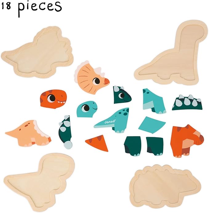 Janod 4 FSC Wood Dinosaur Progressive Puzzles-2 to 5 Pieces-Children’s Toys-Educational Games-Early-Years Toys-18 Months +, J05824, Multicolor