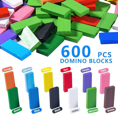 OBTANIM 600 Pcs Colorful Wooden Domino Blocks Set Domino Tile Bulk Building Racing Stacking Games Educational Toys for Kids Birthday Party Favor
