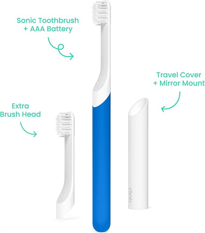 Quip Sonic Toothbrush for Kids with Timer - Includes Extra Brush Head and Travel Cover Mount - Electric, Soft Bristle Refill Head, Rubber Handle, 3 Month Battery Life - Travel Toothbrush - Blue