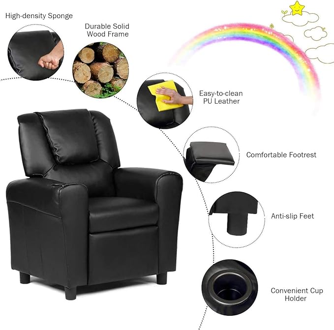 ARLIME Kids Recliner chair, toddler Armchair Upholstered Couch with Cup Holder, Backrest, baby Leather sofa with Headrest and Footrest, Child Furniture for Ages 2-7 (Black)