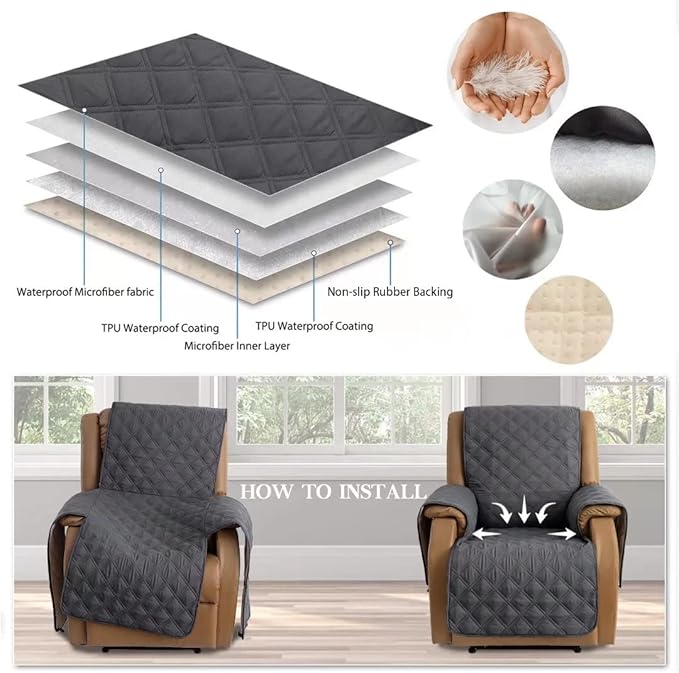 TOMORO Non-Slip Oversized Recliner Cover, 100% Waterproof Quilted Recliner Chair Slipcover Furniture Protector with Pockets, Washable Couch Cover with Elastic Straps for Kids and Pets