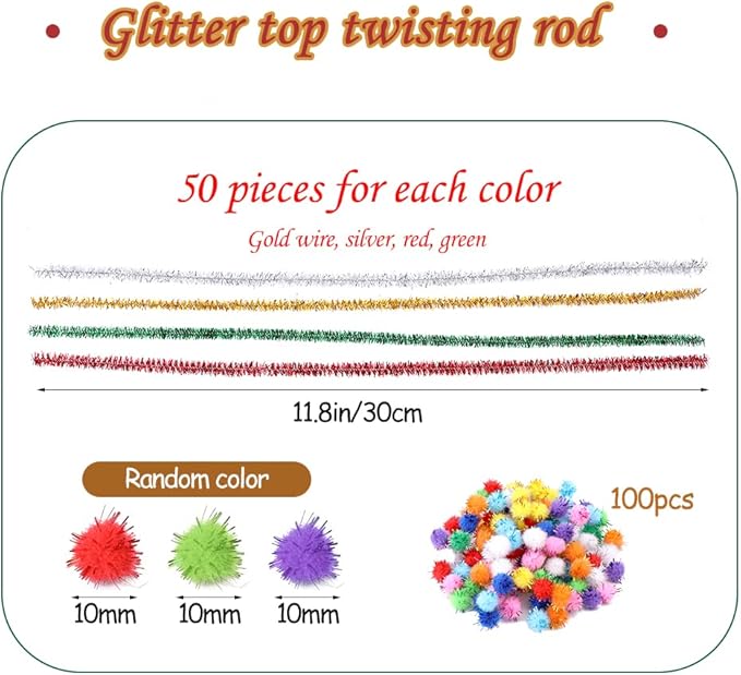 200 Pieces Pipe Cleaners, Christmas Glitter Pipe Cleaners, Pipe Cleaners Chenille Stem with 100 Pom Poms, Craft Pipe Cleaners for Creative Christmas Decoration Supplies Arts and Crafts Project