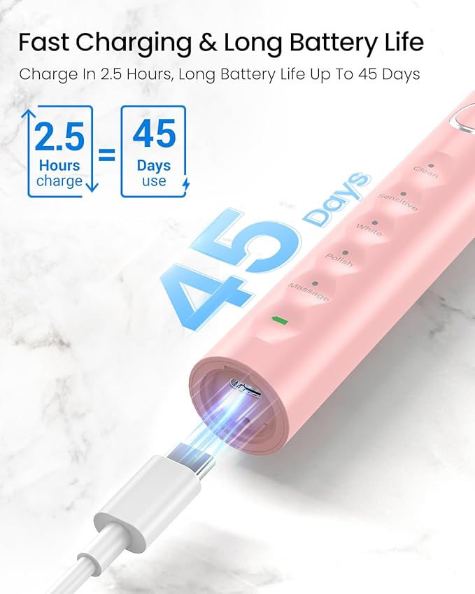 Rtauys S5 Sweeping Electric Toothbrush - Rechargeable Electric Toothbrushes with 8 Heads, Power Electric Toothbrush with Holder, 2.5 Hours Charge for 45 Days Battery Life - Pink