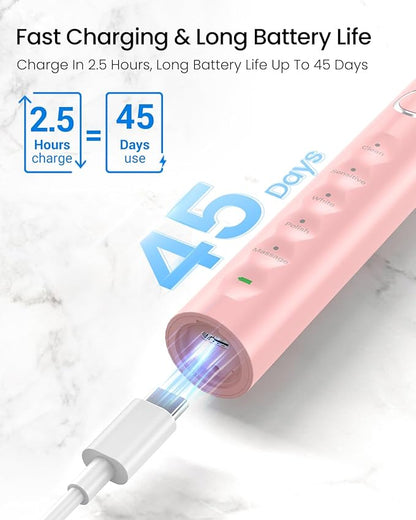 Rtauys S5 Sweeping Electric Toothbrush - Rechargeable Electric Toothbrushes with 8 Heads, Power Electric Toothbrush with Holder, 2.5 Hours Charge for 45 Days Battery Life - Pink