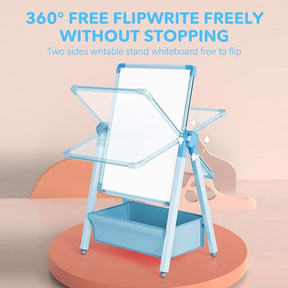 Art Easel for Kids, Double Sided Kids Easel Drawing Board, Whiteboard & Chalkboard for Kids, 360°Rotating Adjustable Kids Easel Art Set, Standing Erasable Easel Board, Easel for Classroom (Blue)