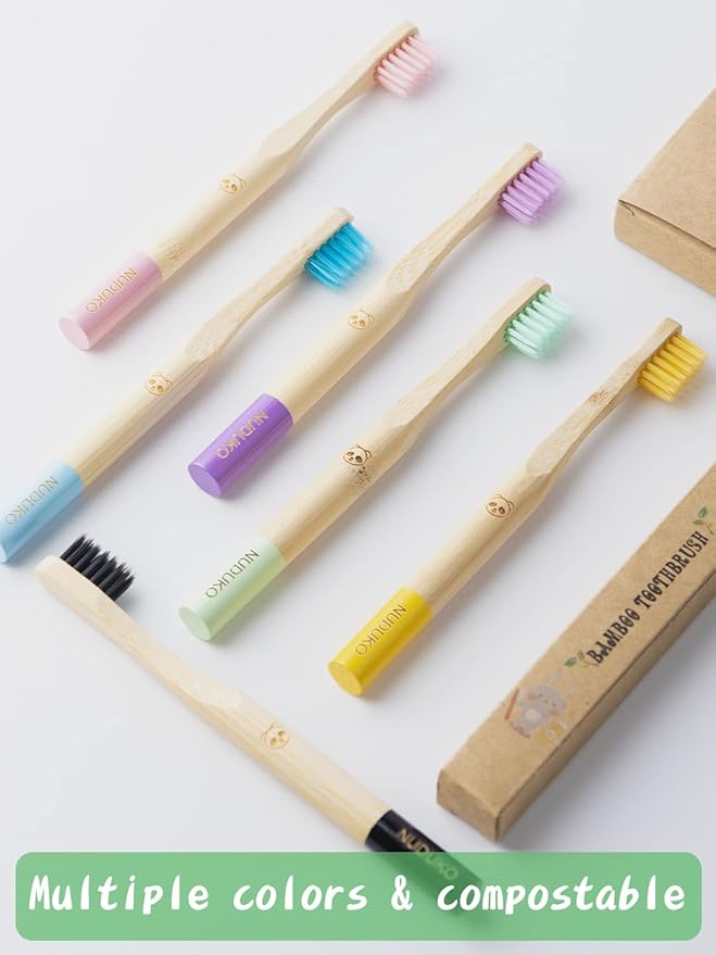 Bamboo Kids Toothbrushes (6 Pack) - Soft Bristle Organic Compostable BPA Free Toothbrush for Kids Toddler Baby Tooth Brush, Eco Friendly Natural Biodegradable Wooden Toothbrush - Round Handle