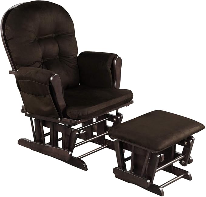 Costzon Nursery Glider with Ottoman, Upholstered Comfort Glider Rocker with Padded Cushion, Storage Pocket, Solid Wood Base, Rocking Chair Nursery for Breastfeeding, Maternity, Napping (Brown)