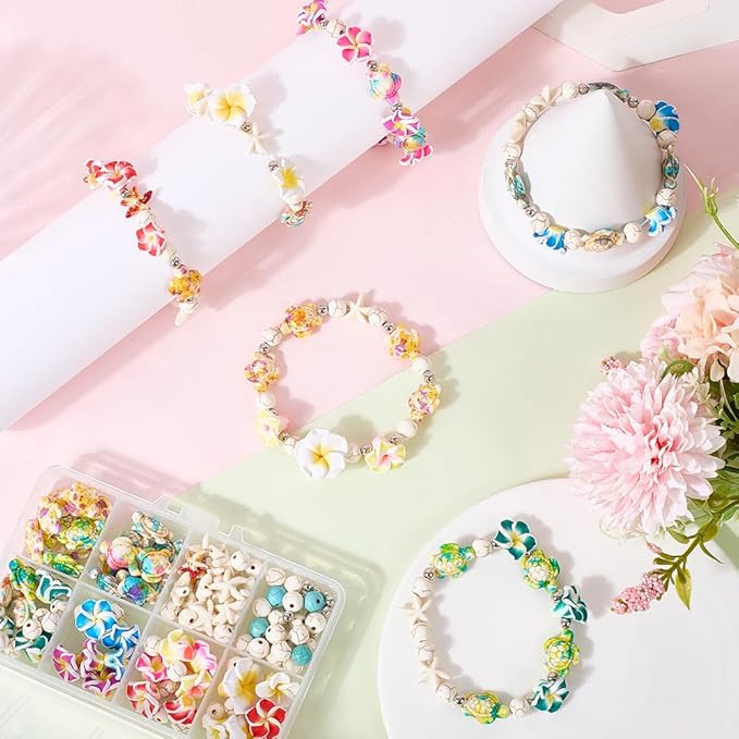 SUNNYCLUE 1 Box 159Pcs DIY 6 Sets Bracelet Making Kits Plumeria Flower Beads Polymer Clay Hawaiian Flowers Starfish Sea Turtle Beach Ocean Summer Beads for Jewelry Making Kits Adult Women Gifts