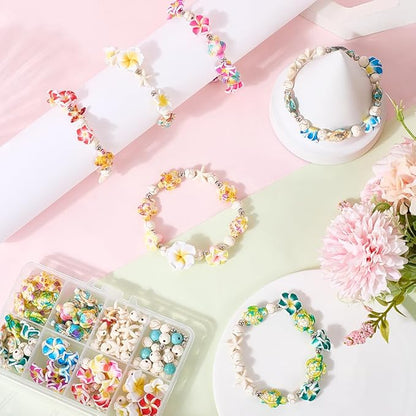 SUNNYCLUE 1 Box 159Pcs DIY 6 Sets Bracelet Making Kits Plumeria Flower Beads Polymer Clay Hawaiian Flowers Starfish Sea Turtle Beach Ocean Summer Beads for Jewelry Making Kits Adult Women Gifts