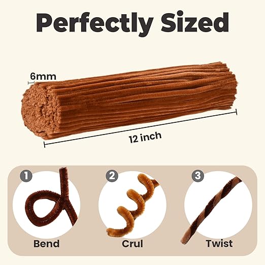 Toffee Brown Color Trio Pipe Cleaner Set - 300pcs, Thick Fluffy Chenille Stems for Arts & Crafts, Perfect for Making Animals, Flowers, and Festive Decorations(12 inches x 0.24 inches)