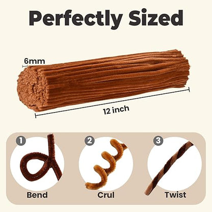 Toffee Brown Color Trio Pipe Cleaner Set - 300pcs, Thick Fluffy Chenille Stems for Arts & Crafts, Perfect for Making Animals, Flowers, and Festive Decorations(12 inches x 0.24 inches)