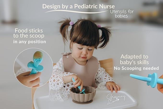 Growing Love Baby Spoons Set, Self Feeding 6 months, Pre-Spoon, Baby utensils, training spoon, cuchara bebe, blw, 100% silicone