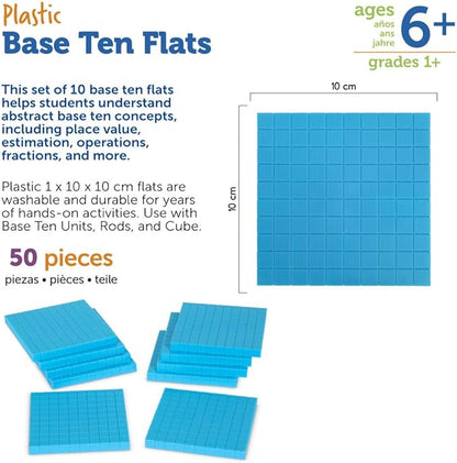 Learning Resources Plastic Base Ten Flats, Early Math, Counting, Place Value, Homeschool, 10 Pieces, Ages 6+