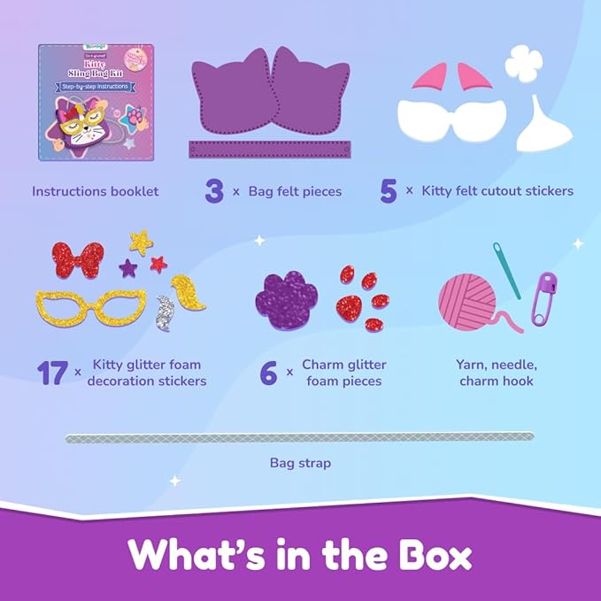 Bloomingo Art & Craft Kit - Kitty Sling Bag: Fun Mess Free Arts & Craft Kit for Kids; Design Your Own Cute DIY Craft Bag; Birthday Gift for Girls and Boys of Multicolor