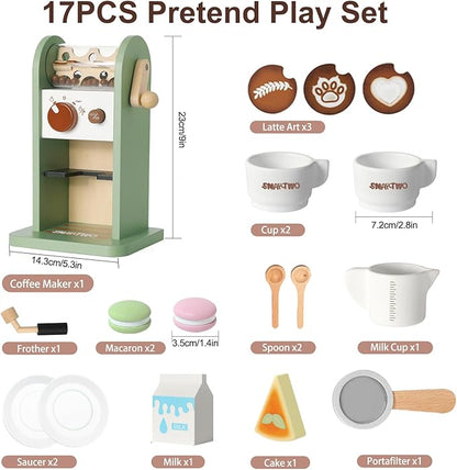 Kids Wooden Coffee Maker Toy,Coffee Machine Playset with Grinder,Play Coffee Making Routine,Stimulates Imaginative Pretend Play and Life Skills,Birthday Gift for Toddler Boy Girl,17pcs