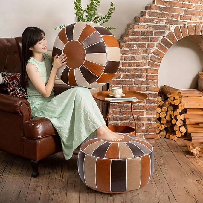 Louis Donné Unstuffed Pouf Ottoman Cover, Faux Leather Foot Stool for Foot Rest, Moroccan Style Pouffe Ottomans, 21" Round Handmade Small Bean Bag Covers for Storage, Footstools for Living Room
