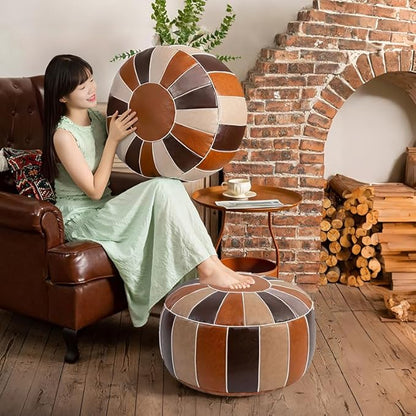 Louis Donné Unstuffed Pouf Ottoman Cover, Faux Leather Foot Stool for Foot Rest, Moroccan Style Pouffe Ottomans, 21" Round Handmade Small Bean Bag Covers for Storage, Footstools for Living Room