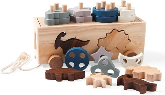 Montessori Toys for 1 2 3 Years Boys Girls Birthday Gift, Wooden Stacking Toys Preschool Learning Fine Motor Skills Game for Toddlers - Wood Car & Dinosaurs, Silicone Shape Sorter & Color Stacker