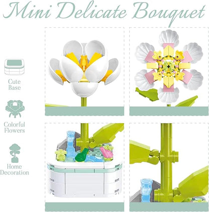 Flower Bouquet Building Set with Base, Flower Building Set Artificial Plant Flowers Building Blocks for Home Office Decor, Birthday Gifts, Desktop Trinkets Age 6+