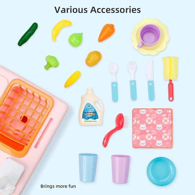 BOBXIN Play Sink with Running Water, Kids Pretend Play Kitchen Toy Sink for Girl, Role Play Electric Dishwasher Kitchen Water Toys Set with Upgraded Working Faucet and Dishes Playset for Boy Toddler
