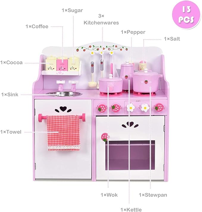 Fireflowery Wooden Play Kitchen, Play Cooking Set w/Sink, Stovetop, Fridge, Microwave, Pretend Kid Kitchen Set for Toddlers, Gift for Ages 3+