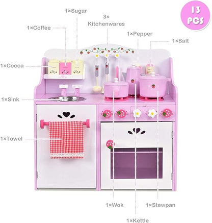 Fireflowery Wooden Play Kitchen, Play Cooking Set w/Sink, Stovetop, Fridge, Microwave, Pretend Kid Kitchen Set for Toddlers, Gift for Ages 3+