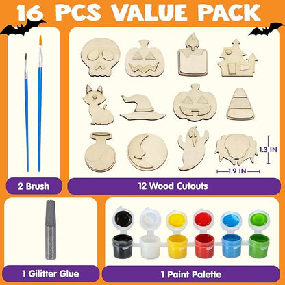 JOYIN 12 Pcs Halloween Craft Kid Wooden Magnet Creativity Arts & Crafts Painting Kit, DIY Halloween Painting Craft for Kids Halloween Party Supplies, Toddler Craft Party Favor Family School Activities