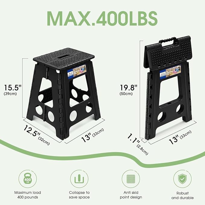ACKO Folding Step Stool Foldable 16 Inch Stools for Adults and Kids,Plastic Stools Tall 400 lbs Capacity,Collapsible Stool for Kitchen, Stepping Foot Stool with Handle,Dot Black 6Pack