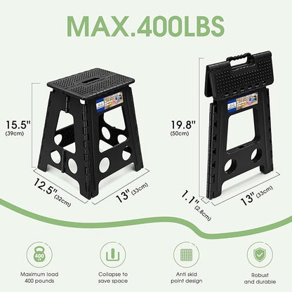ACKO Folding Step Stool Foldable 16 Inch Stools for Adults and Kids,Plastic Stools Tall 400 lbs Capacity,Collapsible Stool for Kitchen, Stepping Foot Stool with Handle,Dot Black 6Pack