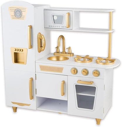 Kitchen Playset for Kids Ages 3-8, Wooden Pretend Play Kitchen for Toddlers, Including Telephone, Ice Maker, Refrigerator, Dimensions: 35” H x 31” W x 12” D (White)