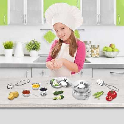 Kids Kitchen Pretend Play Toys, Cooking Toys Play Pots and Pans Set for Kids, 21pcs Small Stainless Steel Kitchen Cookware Kits Toys, Cookware Playset for Girls, Boys