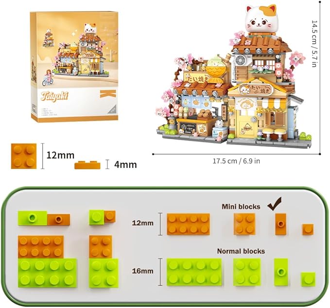 Lucky Cat Building Set,Openable Taiyaki Shop 923PCS Mini Brick Building Toy for Boys Girls Age 8+ (Not Compatible with Lego)