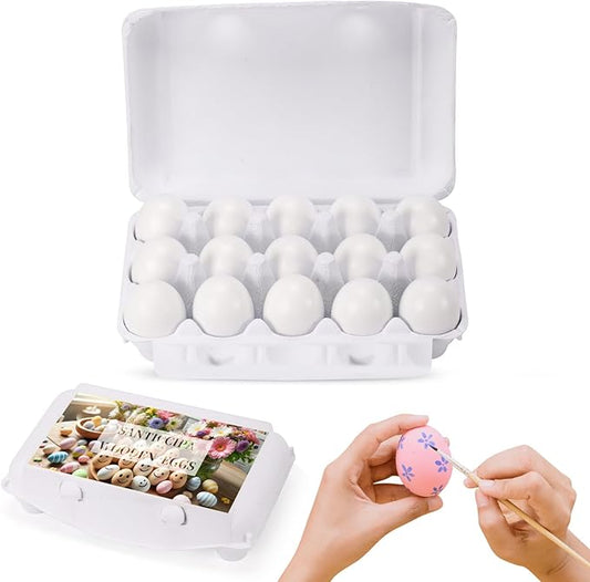 White Fake Easter Eggs, 15-Count Wooden Eggs in Carton for Painting and Crafts, Food Toys for Kitchen Play and Room Decor, Eggs for Nesting Boxes and Poultry Incubators.