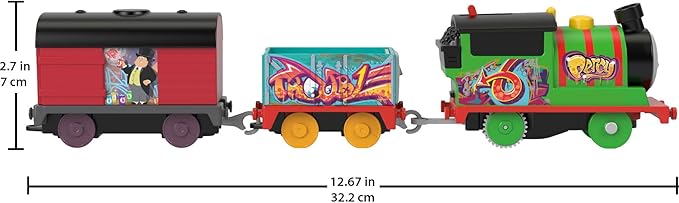 Thomas & Friends Motorized Toy Train Graffiti Percy Battery-Powered Engine with 2 Cargo Cars for Pretend Play Preschool Kids Ages 3+ Years