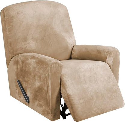 FestiCorp Recliner Chair Covers Real Velvet 4-Pieces Recliner Covers for Small Lazy Boy Recliner Chair Stretch Recliner Sofa Slipcovers Furniture Protector with Side Pocket & Elastic Bottom, Camel