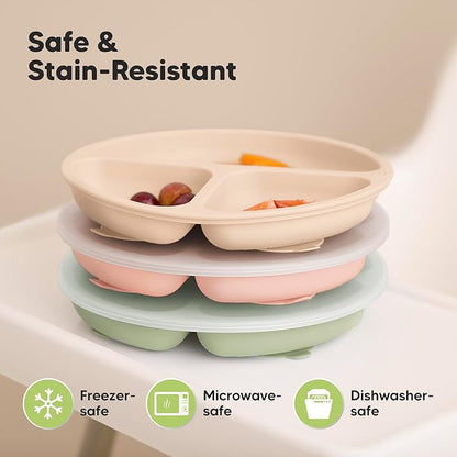 KeaBabies Suction Plates with Lids for Baby - 3-Pack 100% Silicone Suction Plates for Baby, Kids,Toddler Plates,Divided Baby Plates with Suction,Lids, BPA-Free, Microwave, Dishwasher Safe (Macaron)