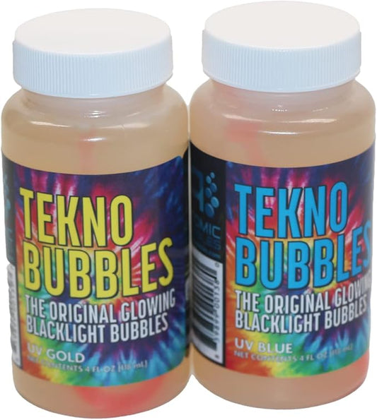 Atomic Bubbles: Tekno Bubbles - 2 Pack (1 Gold, 1 Blue) - 4oz Bottles, UV Blacklight Glow Bubbles, Glow Parties, Indoor & Outdoor, Kid Safe Non-Toxic