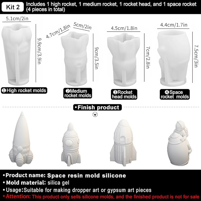 Space Planet Resin Molds Silicone，【4-Piece Set】 Epoxy Resin Space Astronaut Silicone molds,3D Resin Spaceballs Molds, Small Rocket Silicone Model, Space Rabbit DIY Gift Sets for Teens(【Kit 2】)