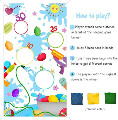 Summer Pool Toss Game Banner with 3 Bean Bags Outdoor Sport Activity for Kids 4 Score Holes Splash Water Ball Banner Birthday Party Decoration Supplies for Kids Adults, Blue